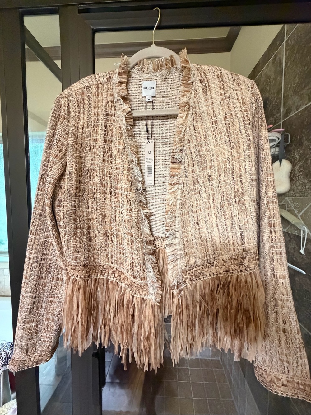NIC+ZOE Fringe Open-Front Cardigan in Tan